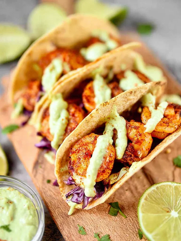 Spicy Shrimp Tacos with Avocado Crema