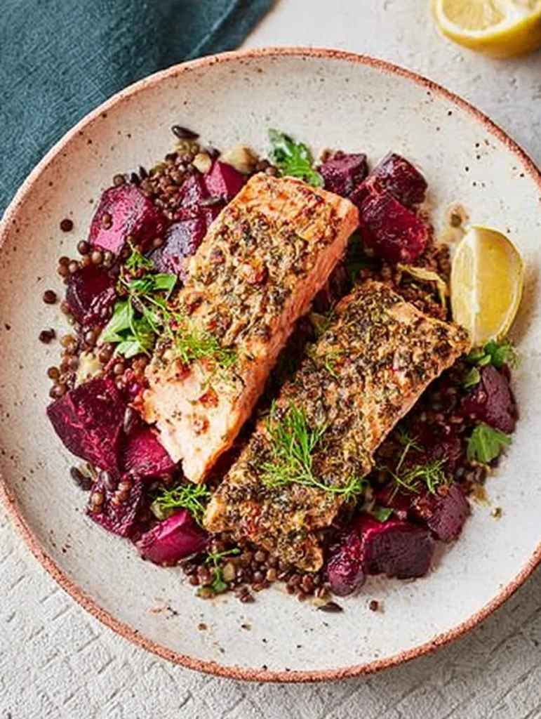 Mustardy Salmon with Beetroot & Lentils