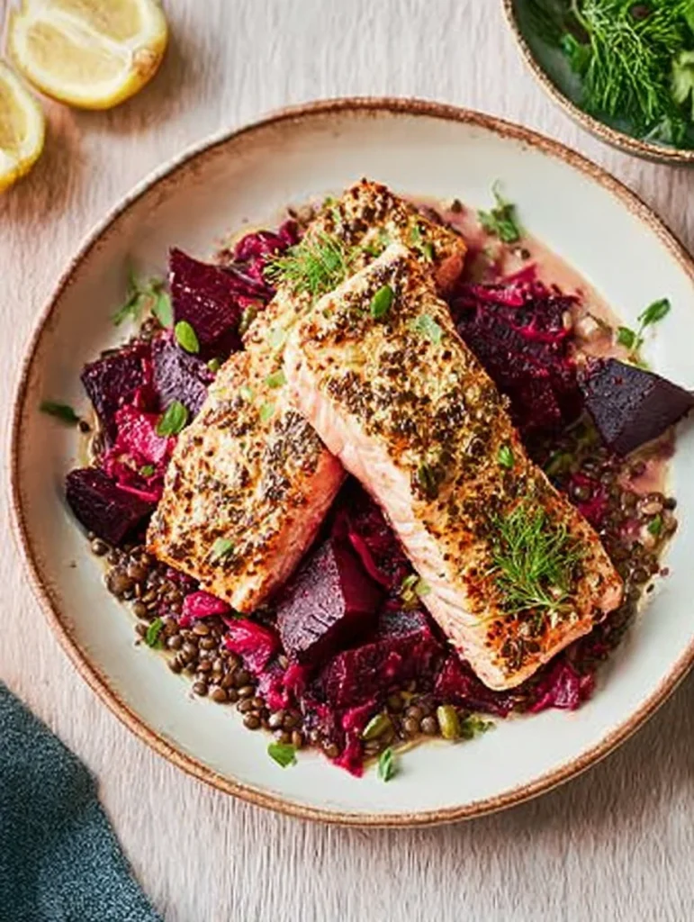 Mustardy Salmon with Beetroot & Lentils