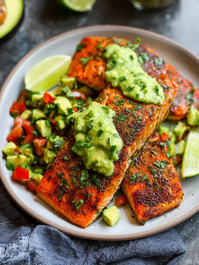 baked cajun salmon with avocado lime sauce