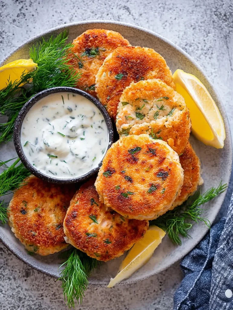 salmon cakes with chive and garlic sauce