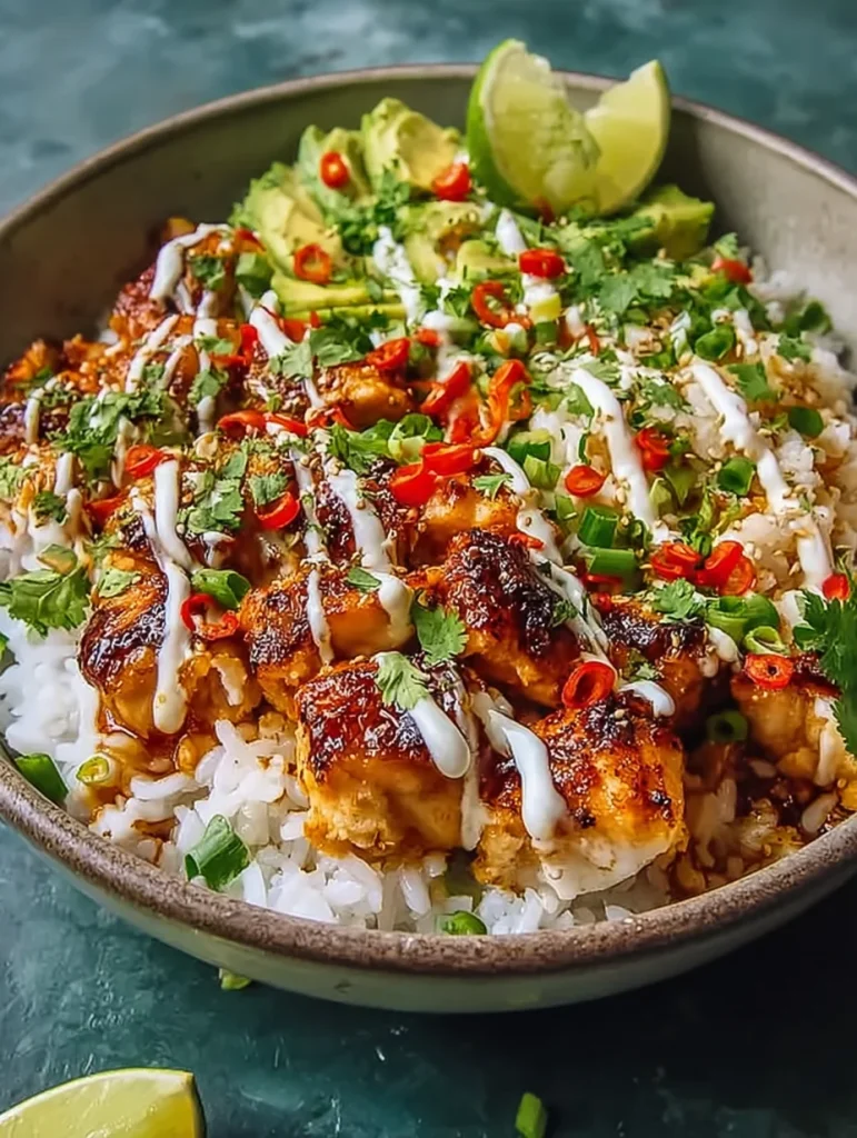 sweet chili chicken bowl with coconut lime drizzle