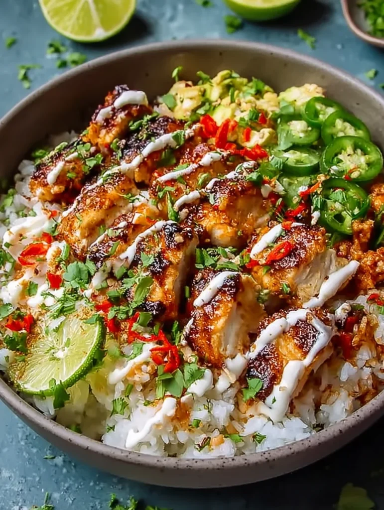 sweet chili chicken bowl with coconut lime drizzle