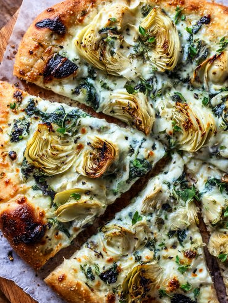 Artichoke pizza with spinach parmesan cream sauce
