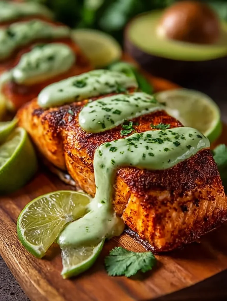 Baked Cajun Salmon with Avocado Lime Sauce