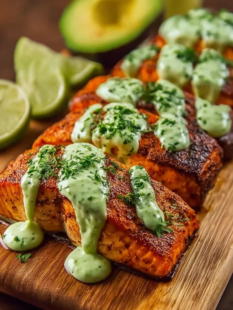 Baked Cajun Salmon with Avocado Lime Sauce