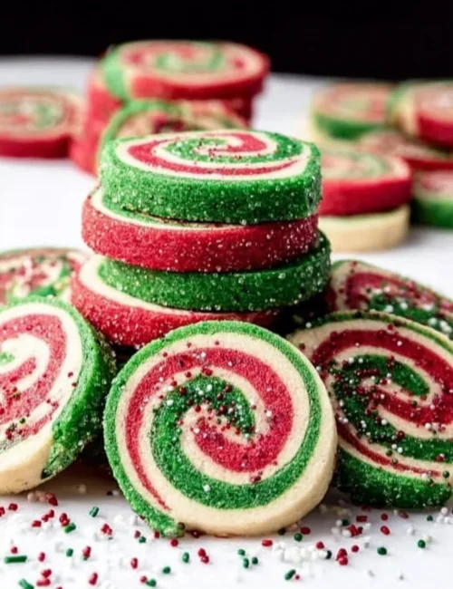 Colorful Christmas pinwheel cookies arranged on a festive plate