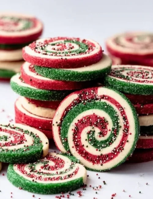 Colorful Christmas pinwheel cookies arranged on a festive plate