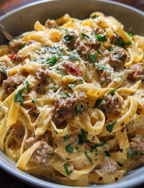 Creamy Italian Sausage Fettuccine Pasta Delight