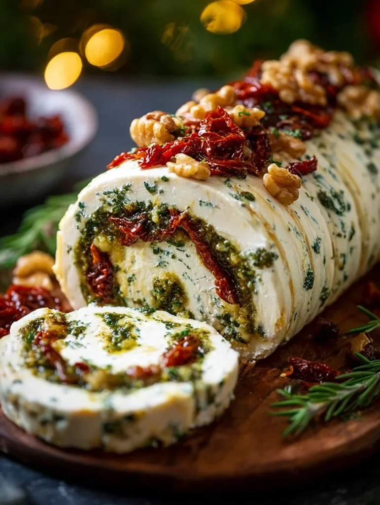 Holiday Cheese Log with Pesto and Sun-Dried Tomatoes