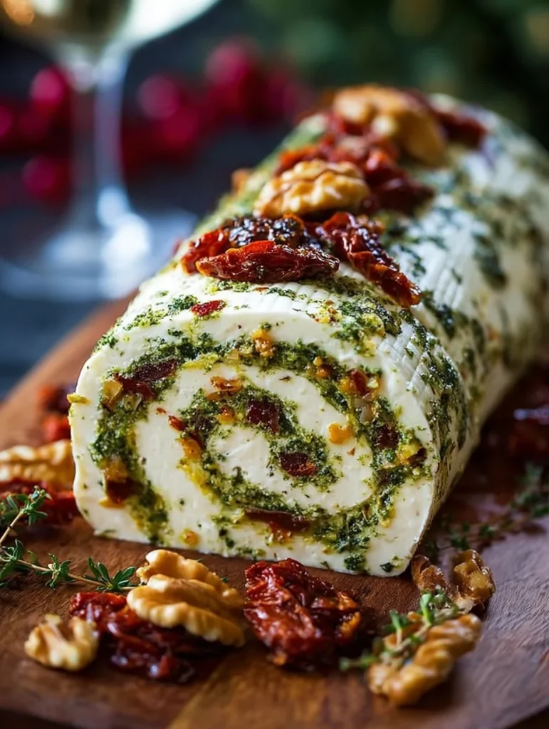 Holiday Cheese Log with Pesto and Sun-Dried Tomatoes