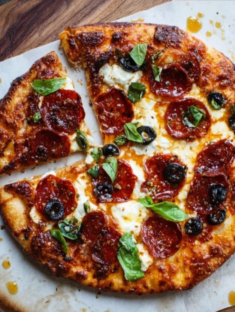 Pepperoni Pizza with Hot Honey Ricotta, Olives, and Basil recipe