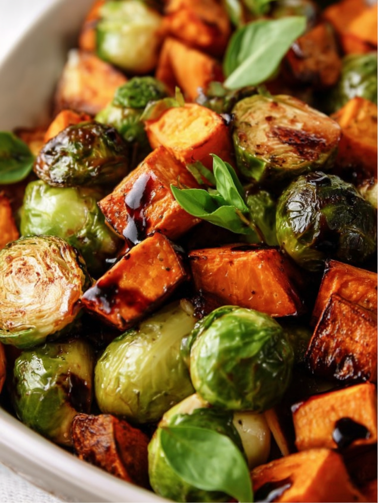 Roasted Sweet Potatoes and Brussels Sprouts with Balsamic Glaze