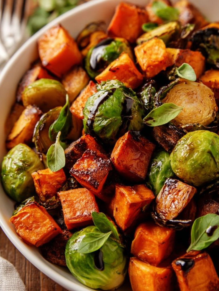 Roasted Sweet Potatoes and Brussels Sprouts with Balsamic Glaze