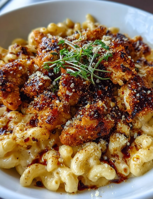 Sweet and Spicy Honey Pepper Chicken with Creamy Macaroni Cheese