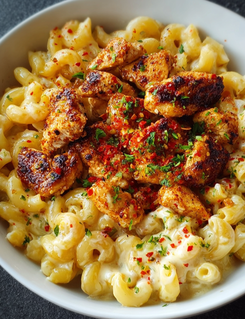 Sweet and Spicy Honey Pepper Chicken with Creamy Macaroni Cheese