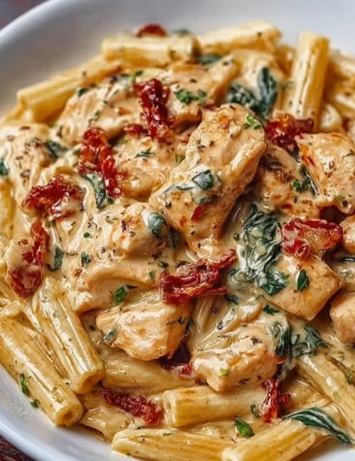 Delicious creamy Tuscan Chicken Pasta served in a bowl