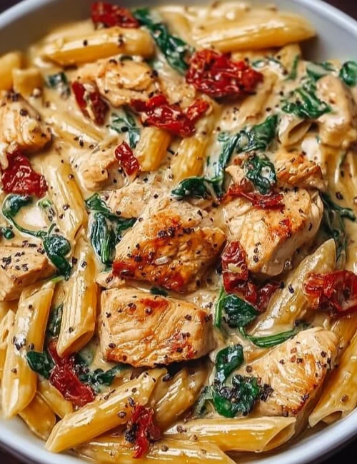 Delicious creamy Tuscan Chicken Pasta served in a bowl