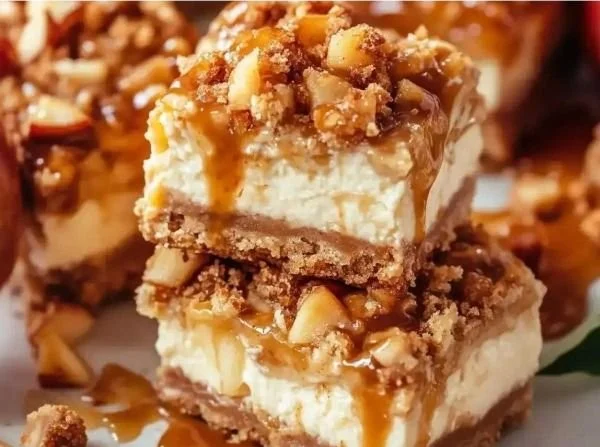 Delicious Caramel Apple Cheesecake Bars topped with caramel drizzle