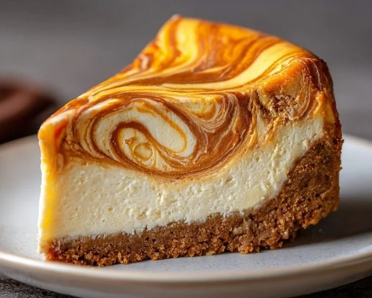 Delicious pumpkin swirl cheesecake topped with a rich pumpkin swirl and whipped cream
