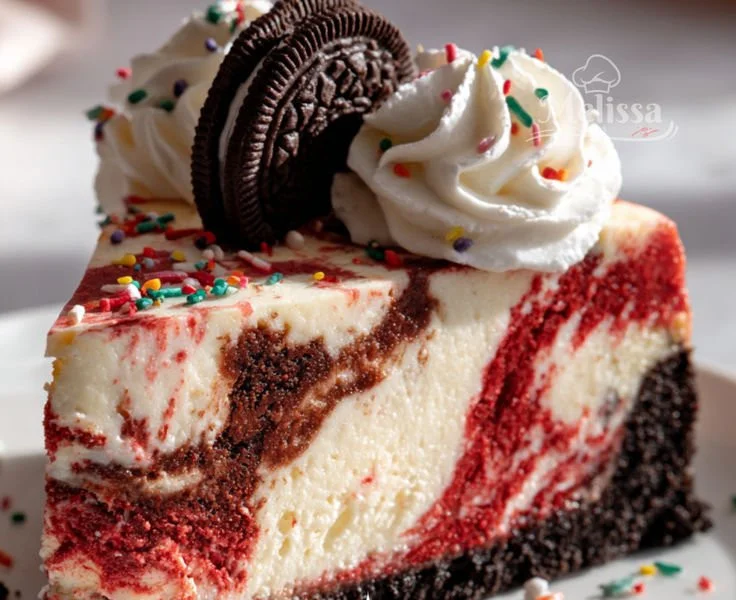 Christmas Red Velvet Cheesecake with cream cheese frosting and festive decorations.