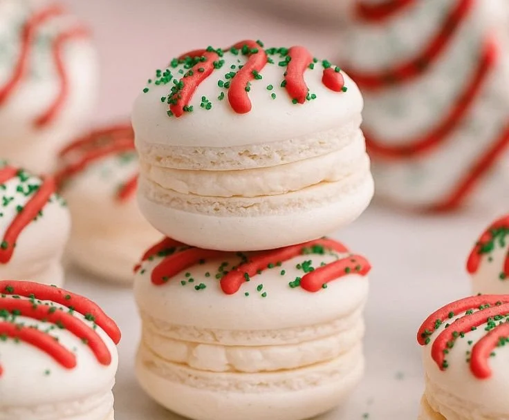 Christmas Tree Cake Macarons decorated for the holiday season