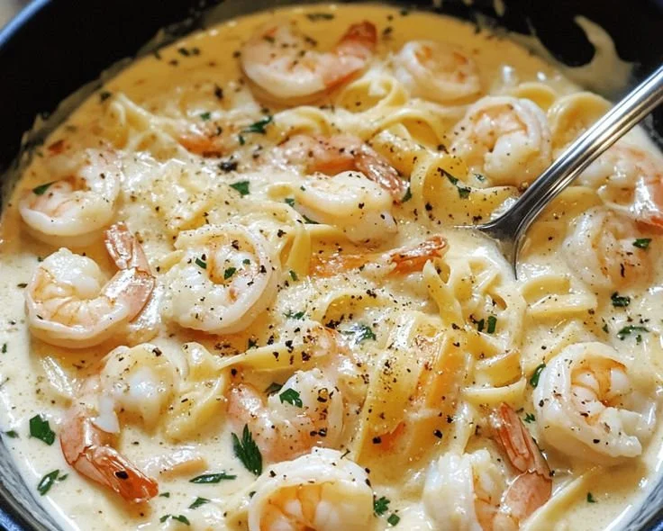Creamy one-pot shrimp crab alfredo dish garnished with parsley