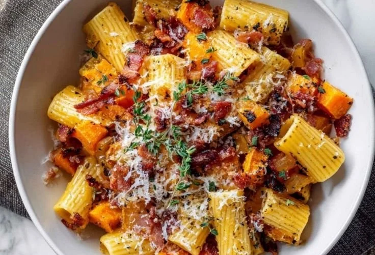 Bowl of pumpkin pasta with bacon and caramelized onions garnished