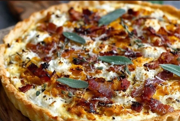 Savory Pumpkin Tart with ricotta, bacon, caramelized onion, and sage.