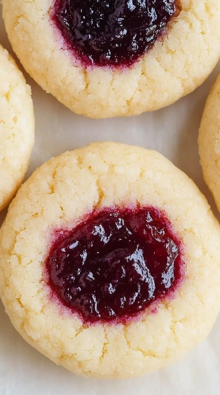 Deliciously soft Christmas thumbprint cookies filled with colorful jam.