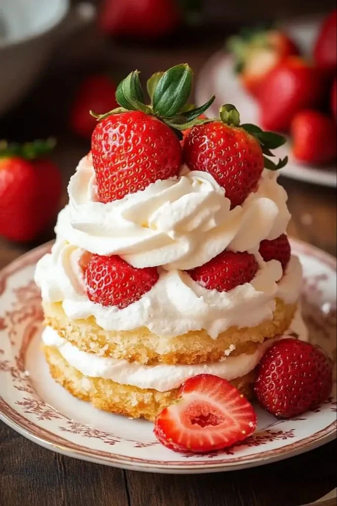 Delicious homemade strawberry shortcake topped with fresh strawberries and whipped cream.