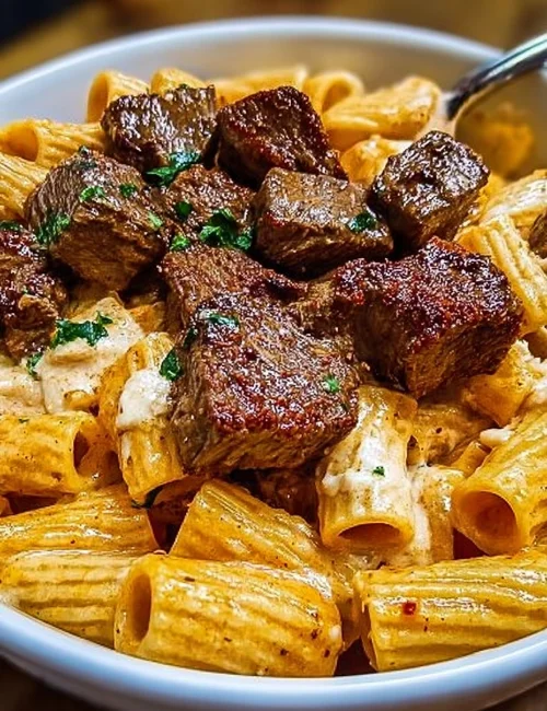 Cajun Steak Tips with Cheesy Rigatoni