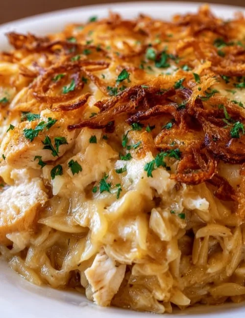 French Onion Chicken Orzo Casserole