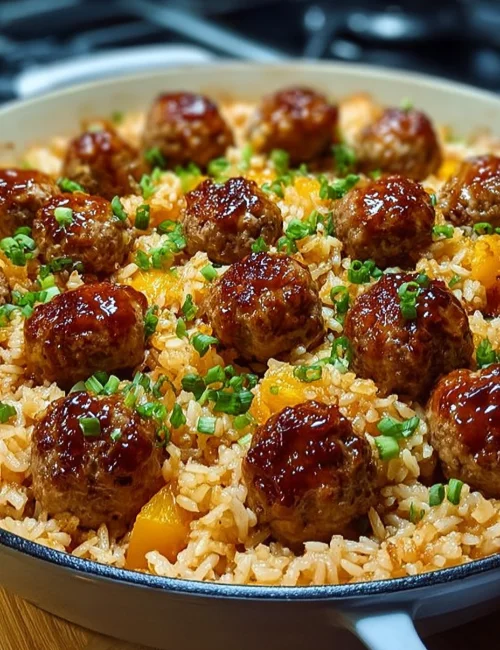 Honey Garlic Meatball Rice Bake