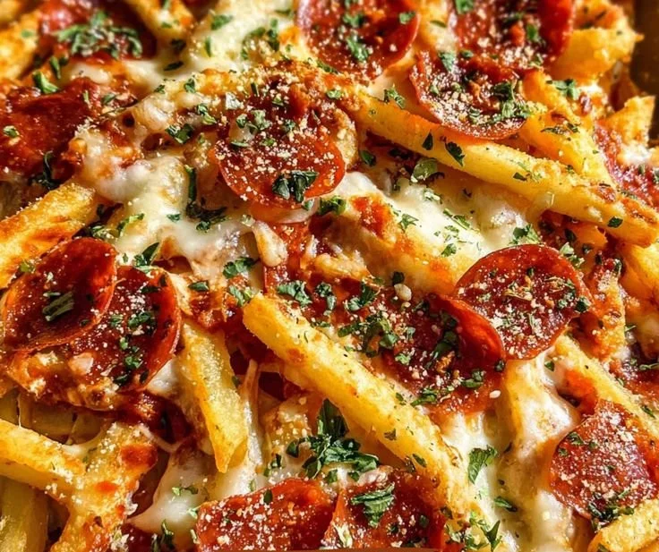 Baked pizza fries topped with cheese and pepperoni served in a dish.