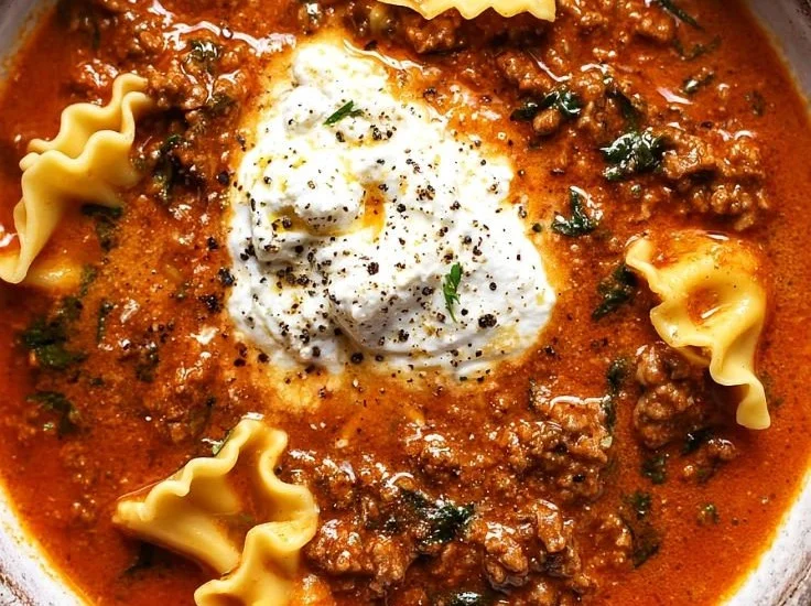 Delicious bowl of one-pot lasagna soup topped with cheese and herbs