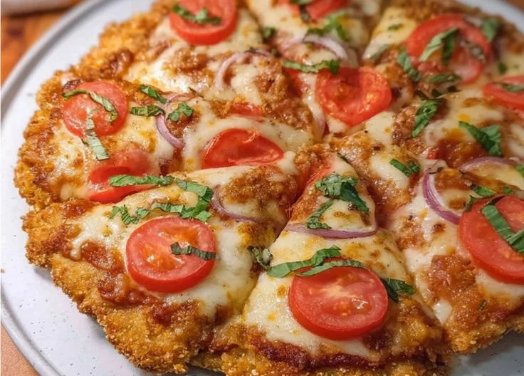 Homemade Chicken Crust Pizza topped with fresh ingredients