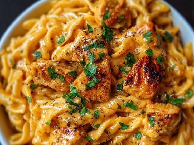 Delicious Cowboy Butter Chicken Pasta garnished with herbs