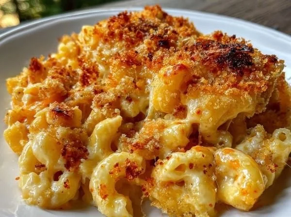 Creamy baked cheddar mac and cheese in a casserole dish