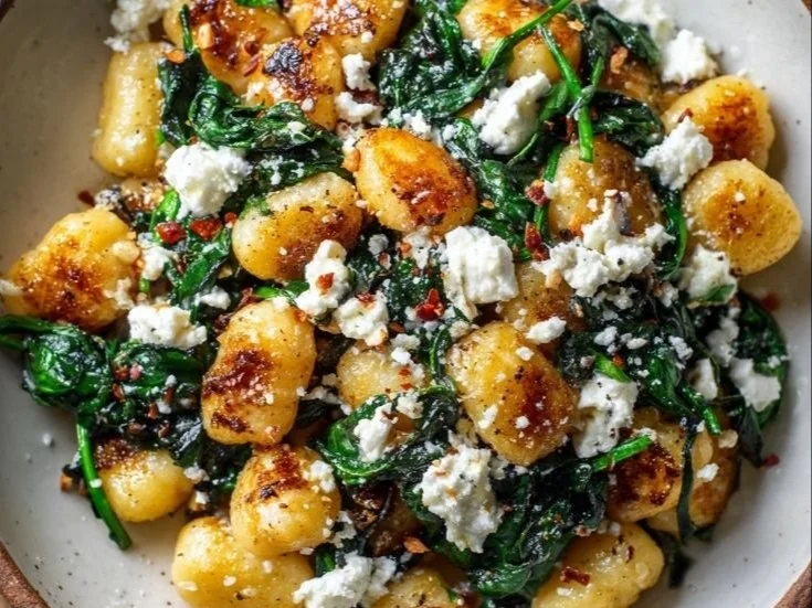 Creamy gnocchi with spinach and feta recipe served in a bowl