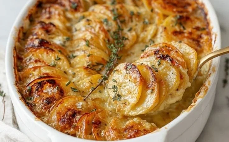 A serving of creamy scalloped potatoes topped with cheese and herbs.