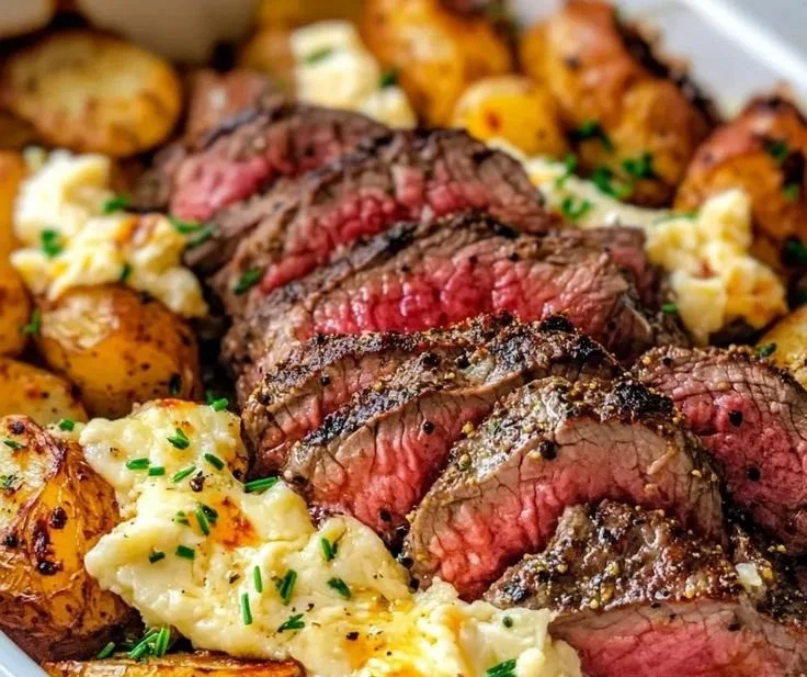 Delicious Garlic Butter Steak served with Cheddar Potato Bake
