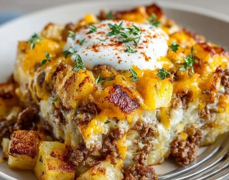 Savory ground beef and potatoes casserole served in a baking dish