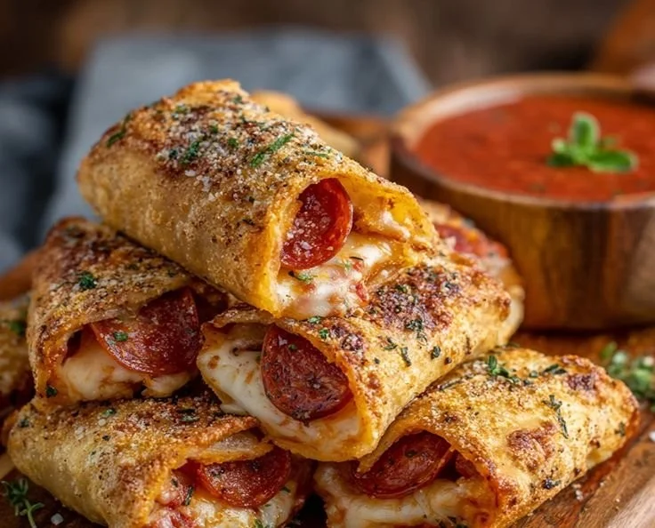 High protein pepperoni pizza rolls, cheesy and crispy, perfect for a macro-friendly snack