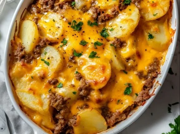 Delicious Hobo Casserole with ground beef and vegetables in a baking dish.