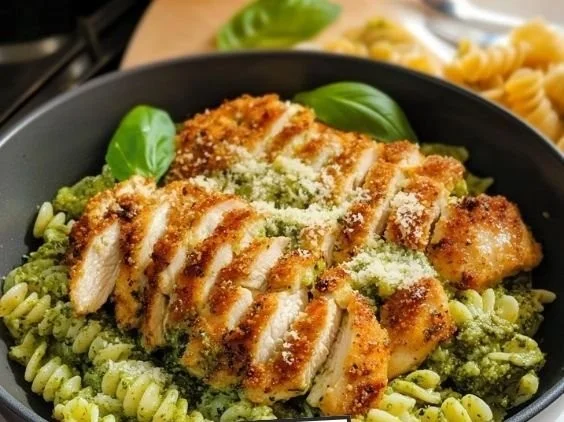 Pesto pasta with crispy Parmesan chicken served in a bowl