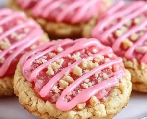 Freshly baked Strawberry Crunch Cookies topped with crunchy strawberry bits.