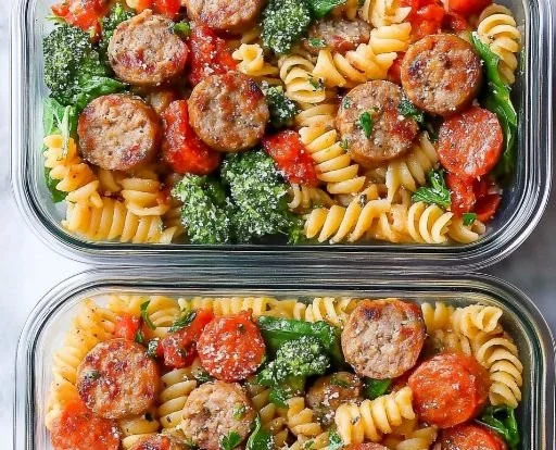 15-Minute chicken sausage pasta dish served in a bowl with fresh herbs.