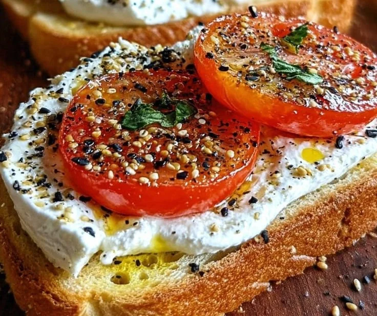 5-Ingredient ricotta and tomato sourdough toast plated with fresh herbs