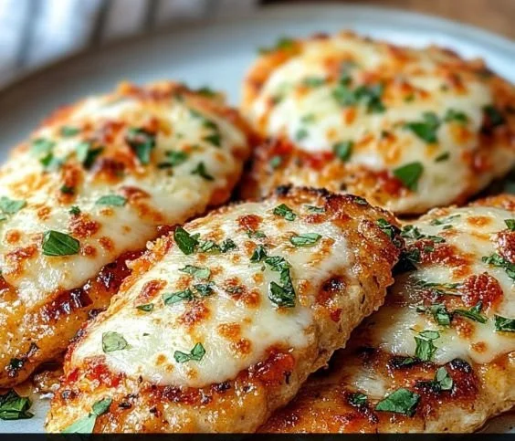 Air Fryer Chicken Parmesan with crispy coating and melted cheese on a plate